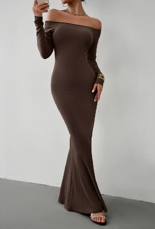 Off-Shoulder Long Sleeve Maxi Dress Cozy Knitted Maxi Dress