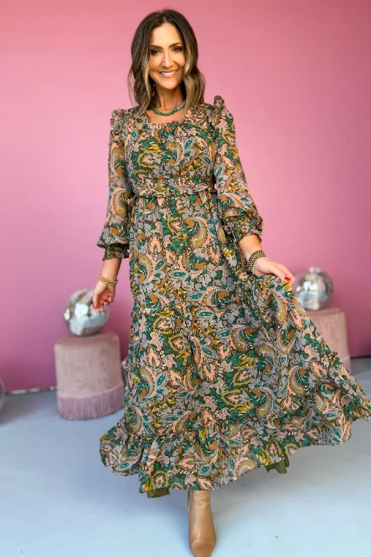 Olive Paisley Printed Square Neck Tiered Smocked Waist Maxi Dress Comfortable Fit-and-Flare Maxi Dress Olive Paisley Printed Square Neck Tiered Smocked Waist Maxi Dress Comfortable Fit-and-Flare Maxi Dress