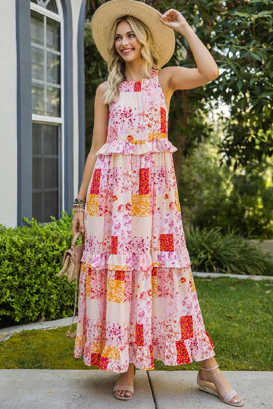 Patchwork Grecian Neck Ruffled Maxi Dress Elegant Silk Maxi Dress