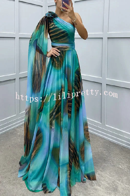 Lucia Unique Print Floral Detail One Shoulder Draped Sleeve Gown Maxi Dress Trendy V-Neck Maxi Dress