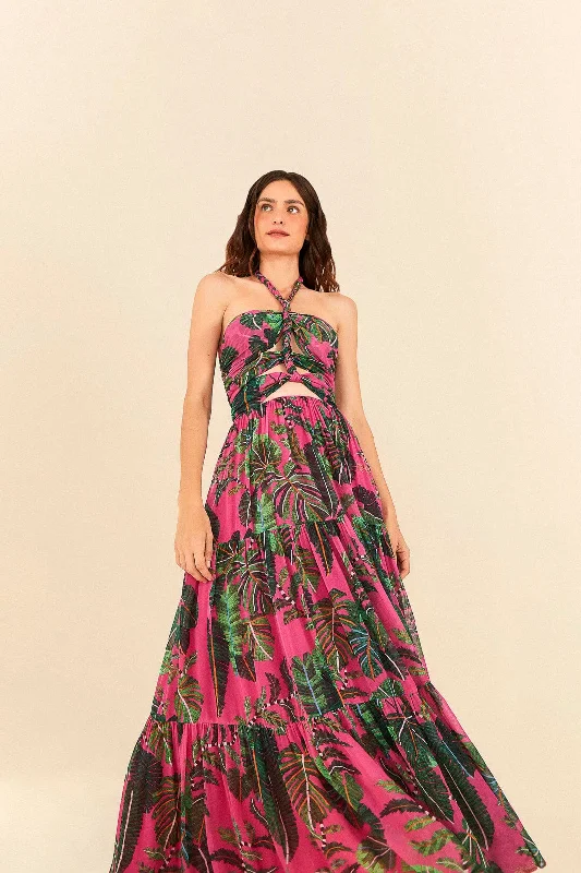 Pink Leaves Cut Out Maxi Dress Fashionable Sleeveless Maxi Dress