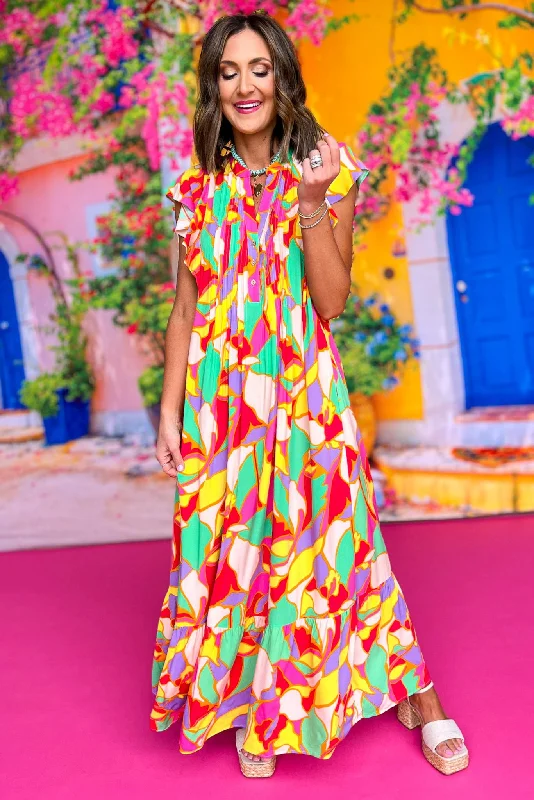 Pink Multi Printed Flutter Cap Sleeve V Neck Maxi Dress Cozy Ruffle Sleeve Maxi Dress