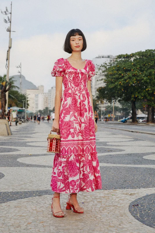 Pink Tropical Woodcut Maxi Dress Elegant Silk Maxi Dress