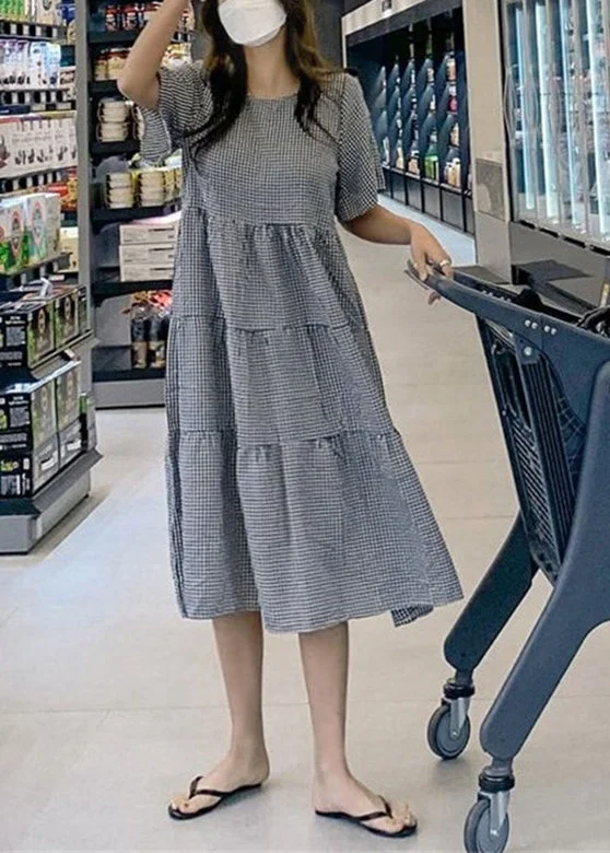 Plaid Knotted Ruffle Round Neck Short Sleeve Casual Maxi Dress Fashionable Open-Back Maxi Dress