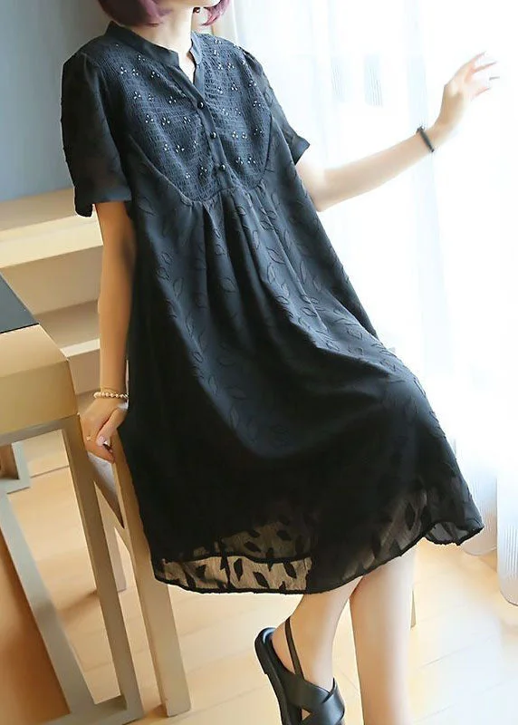 Plus Size Black Stand Collar Patchwork Jacquard Chiffon Maxi Dresses Summer Chic Boho Print Maxi Dress