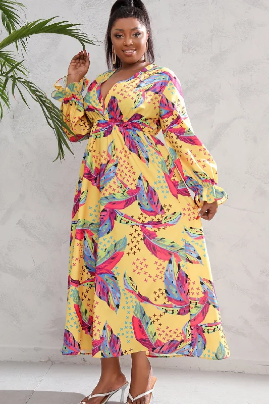 Plus Size Printed Flounce Sleeve Maxi Dress Chic Boho Print Maxi Dress