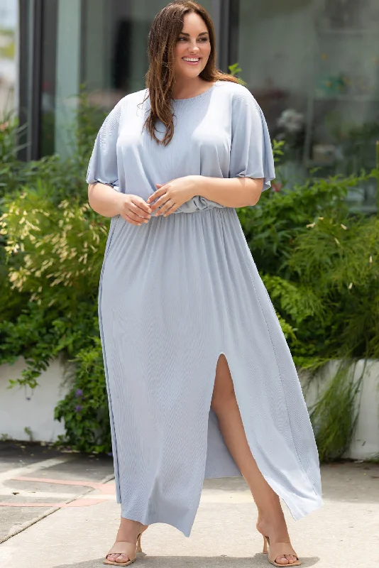 Plus Size Round Neck Split Flutter Sleeve Maxi Dress Elegant Pleated Maxi Dress
