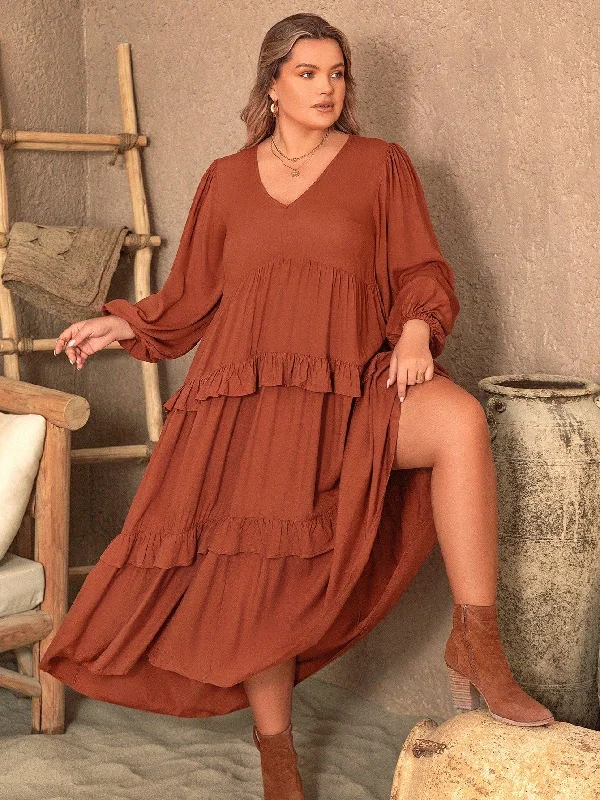 PLUS SIZE Vella Maxi Dress - Tan Comfortable Ruffle Maxi Dress