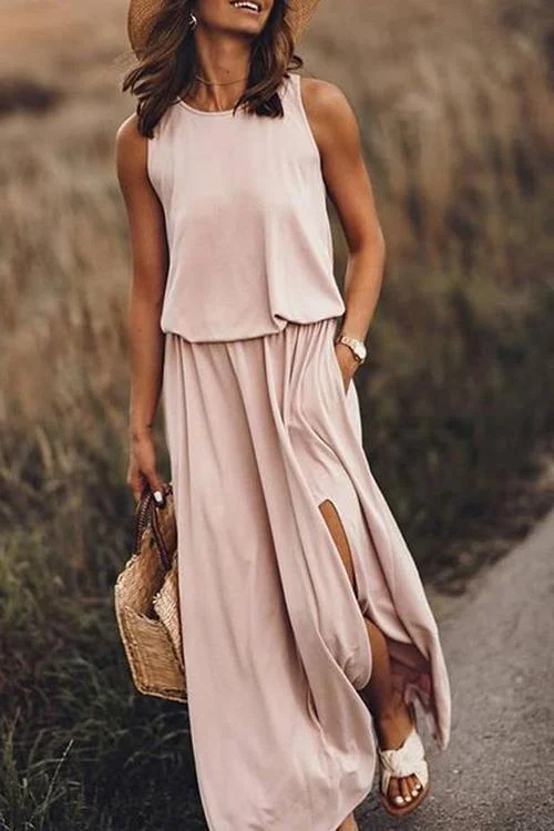 Pockets O Neck Sleeveless Slit Maxi Dress Cozy Wrap Maxi Dress