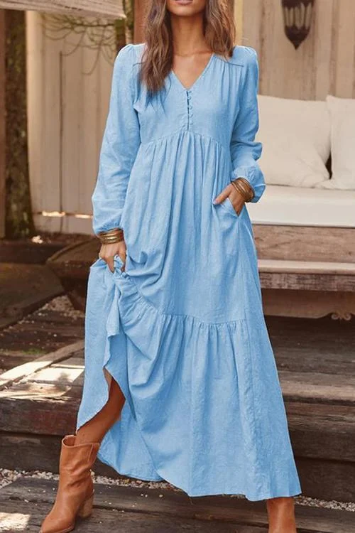 Pockets V Neck Long Sleeeve Maxi Dress Trendy Maxi Dress with Bow