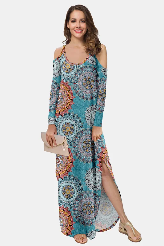 Printed Cold-Shoulder Slit Maxi Dress Fashionable High-Waist Maxi Dress