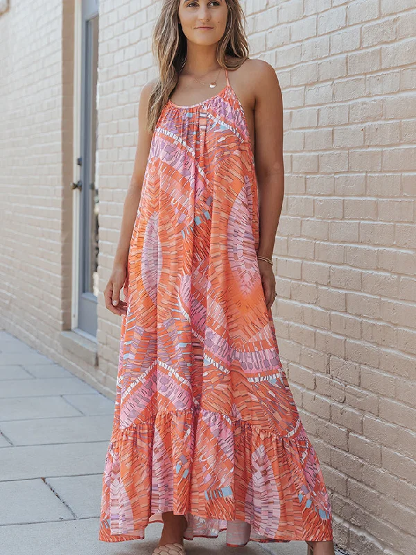 Printed Sleeveless Round Neck Maxi Dress Fashionable Chiffon Maxi Dress
