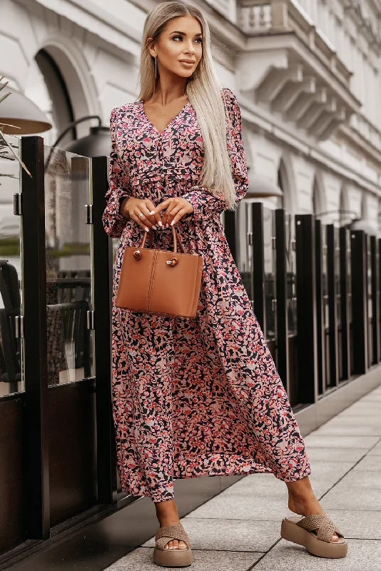 Printed V-Neck Long Sleeve Maxi Dress Fashionable High-Low Maxi Dress