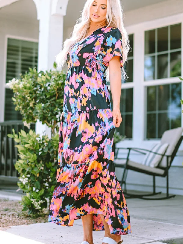 Printed V-Neck Short Sleeve Maxi Dress Trendy Short Sleeve Maxi Dress