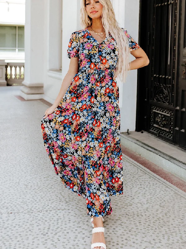 Printed V-Neck Short Sleeve Maxi Dress Comfortable Satin Maxi Dress