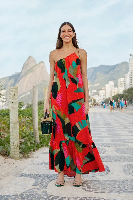 Red Heliconia Maxi Dress Cozy Cold-Shoulder Maxi Dress