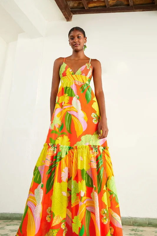 Red Neon Floral Maxi Dress Trendy Fit-and-Flare Maxi Dress