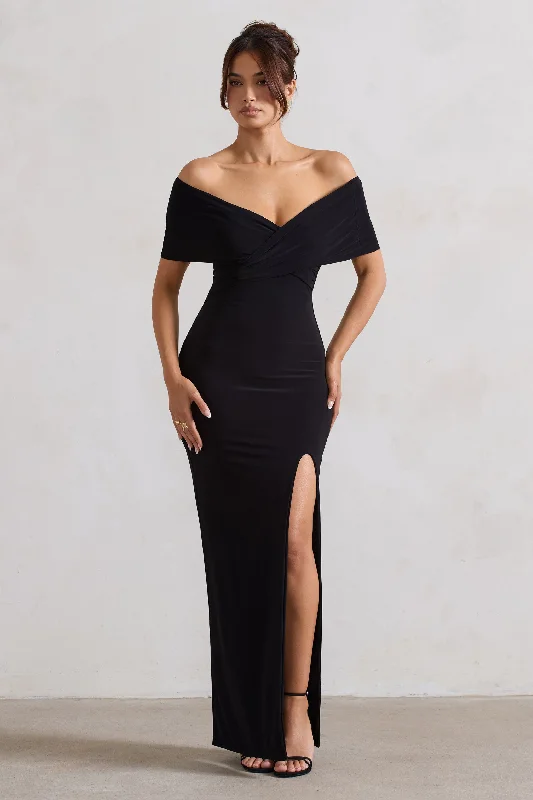 Refined | Black Twist Front Bardot Maxi Dress Stylish Pleated A-Line Maxi Dress