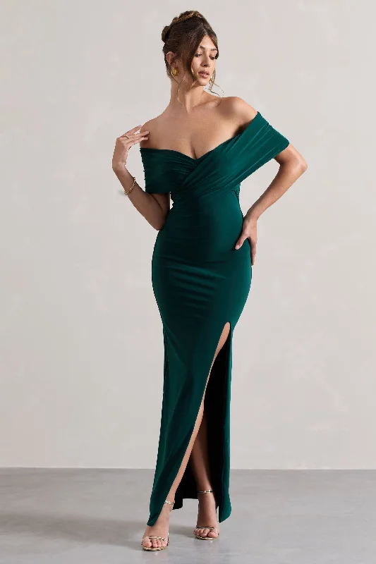 Refined | Bottle Green Twist Front Bardot Maxi Dress Comfortable Plunging Neckline Maxi Dress
