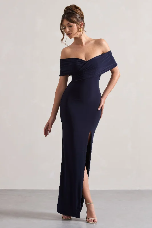 Refined | Navy Twist Front Bardot Maxi Dress Cozy Spaghetti Strap Maxi Dress