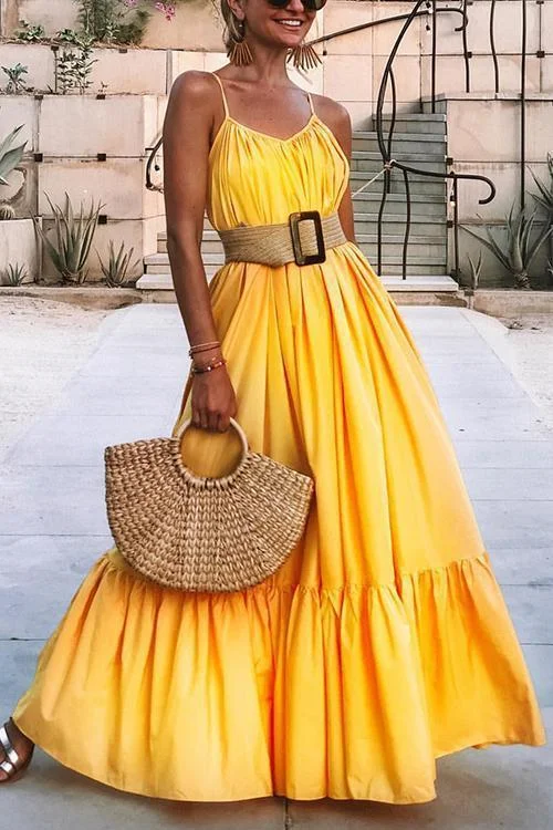 Ruffles Hem Slip Maxi Dress Comfortable Plunging Neckline Maxi Dress