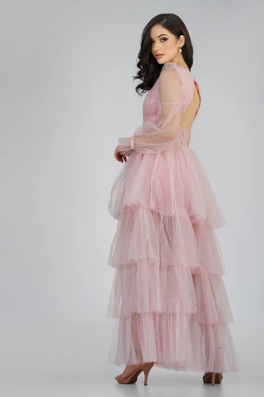 Salma Long Sleeve Tulle Maxi Dress in Pink Classic Strapless Maxi Dress