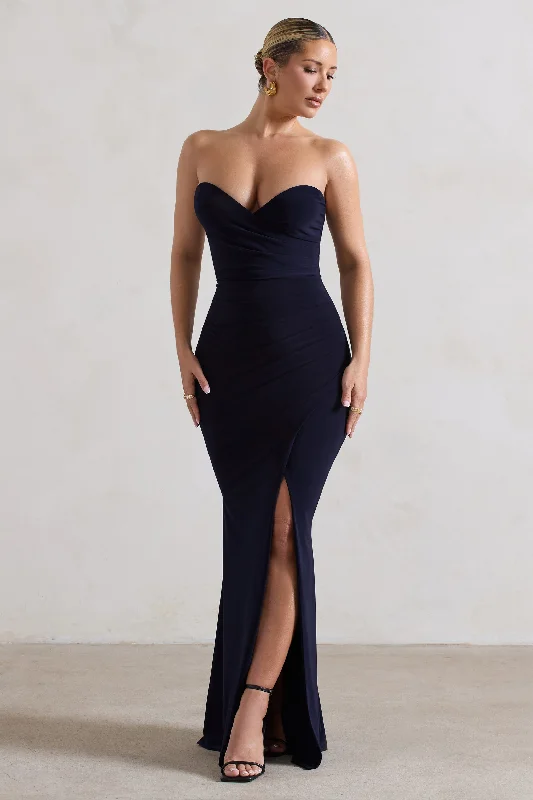 Saphira | Navy Gathered Corset Style Split Maxi Dress Trendy Off-Shoulder Ruffle Maxi Dress Saphira | Navy Gathered Corset Style Split Maxi Dress Trendy Off-Shoulder Ruffle Maxi Dress