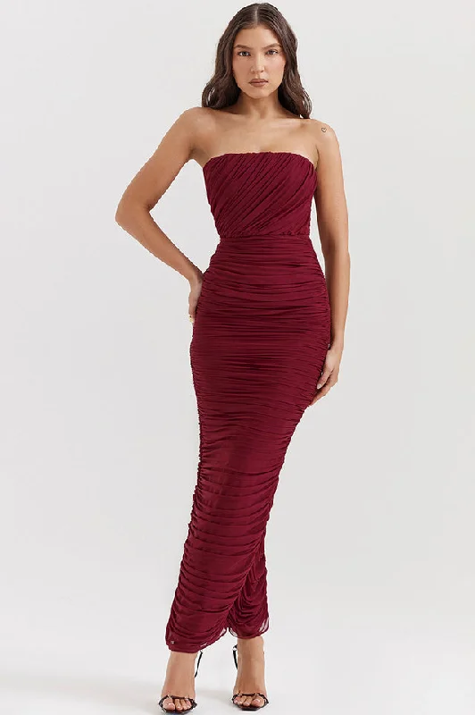 Sapphire Wine Gathered Maxi Dress Fashionable High-Low Maxi Dress