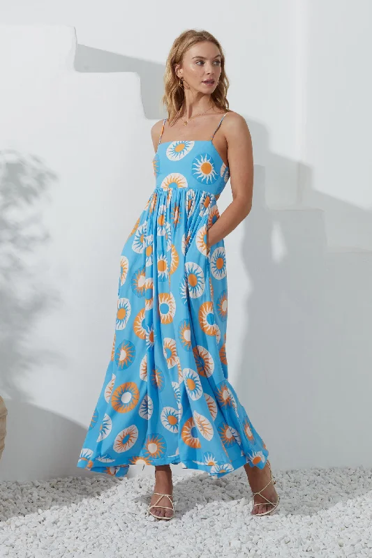 Serin Blue Abstract Sun Maxi Dress Comfortable Maxi Dress with Belt