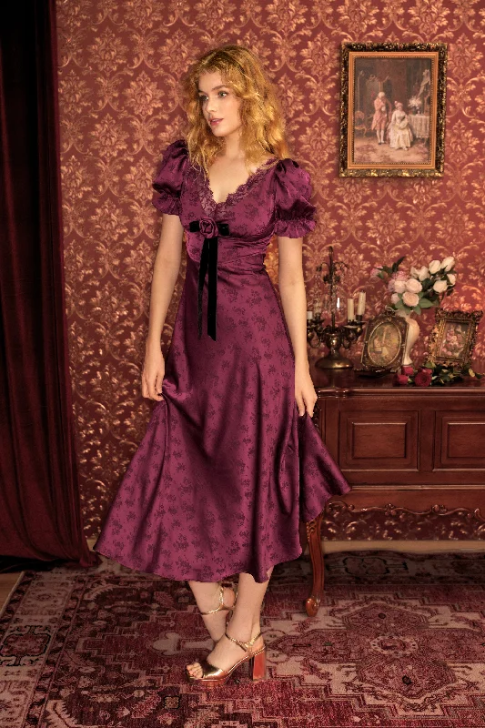 Serita Jacquard Satin Maxi Dress In Burgundy Elegant Maxi Dress with Belt