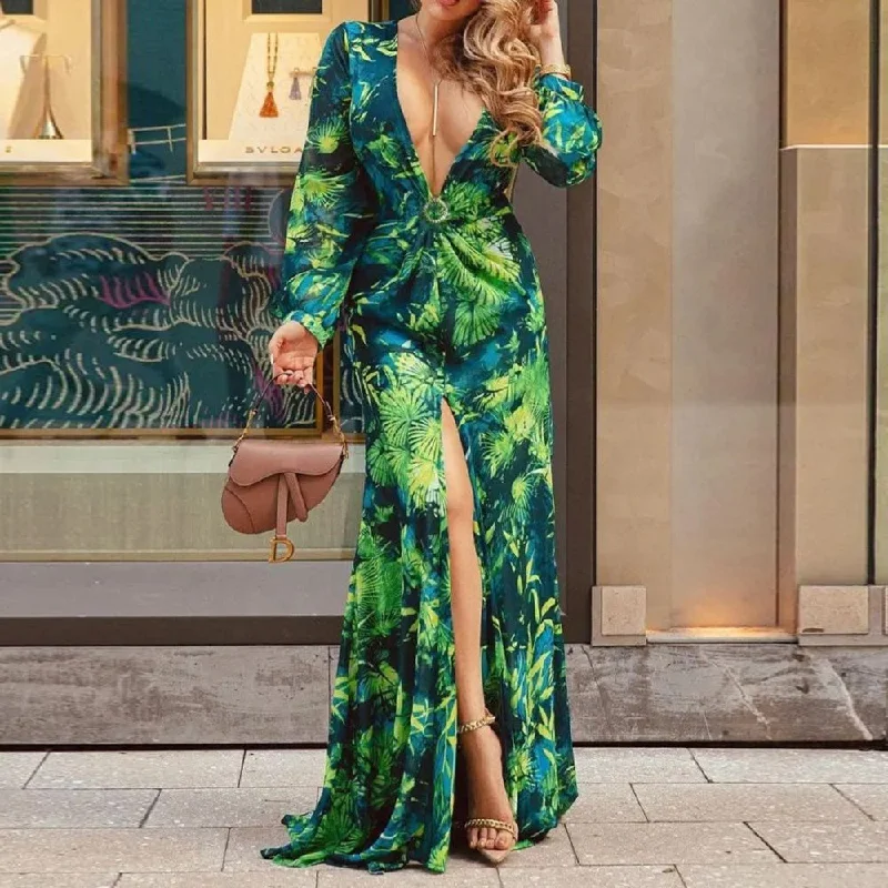 Sexy Long Sleeve Printed V neck Split Maxi Dress Comfortable Satin Maxi Dress