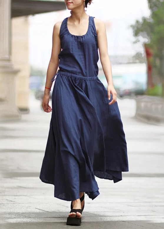 Solid Drawstring Ruched Sleeveless Casual Maxi Dress Navy Comfortable Casual Maxi Dress