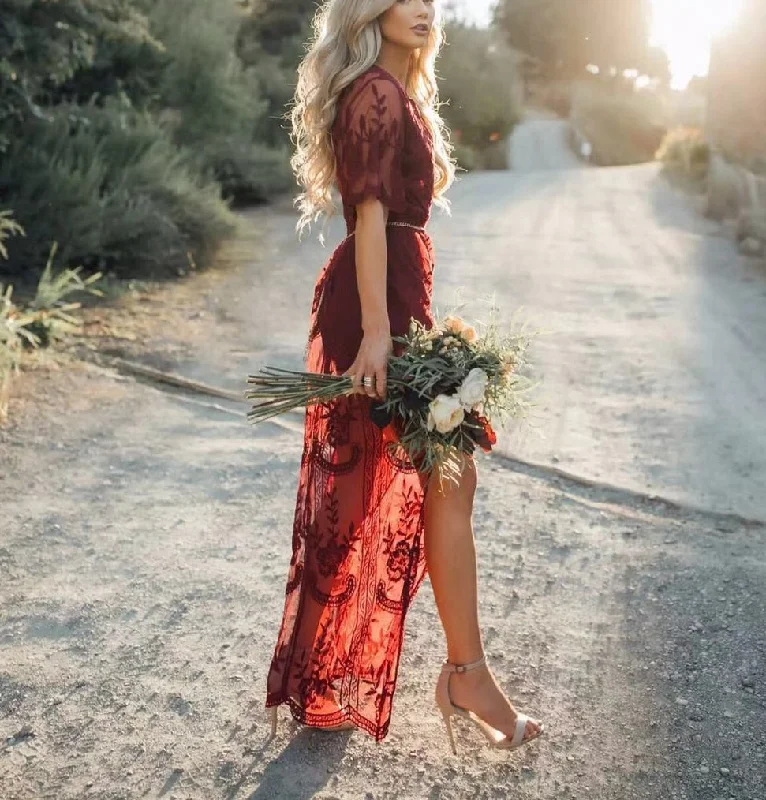 Solid Short Sleeve Beach Sexy Loose Bohemian Maxi Dress Trendy Maxi Dress with Bow