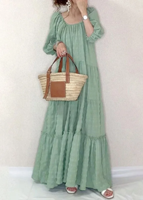 Solid Square Collar Ruffle Casual Maxi Dress Light Green Stylish Maxi Dress with Pleats