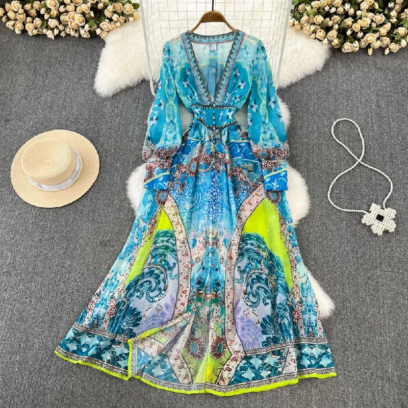 Spring Autumn Elegant Blue Maxi Dresses for Women Printed Boho Chiffon Thin Female Long Robe Beach Vacation Deep V-Neck Sexy New Comfortable Maxi Dress with Belt