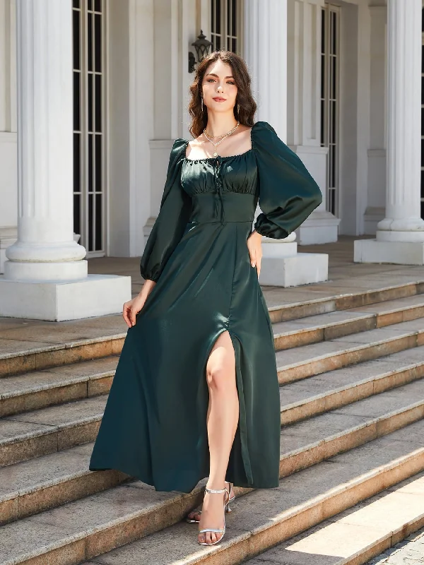 Square Neck Puff Sleeve High Slit Maxi Dress Trendy Floral Print Maxi Dress