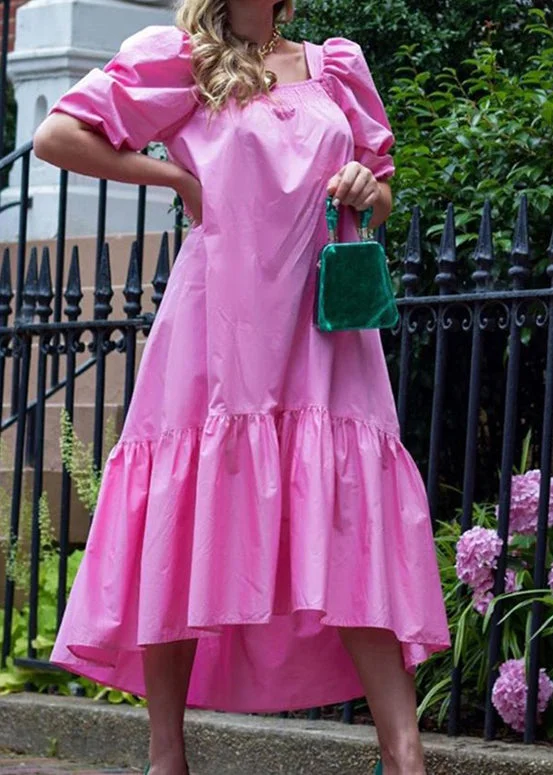 Square Neck Solid Color Puff Sleeve Ruffles Hem Casual Maxi Dress For Women Rose Trendy Off-Shoulder Ruffle Maxi Dress