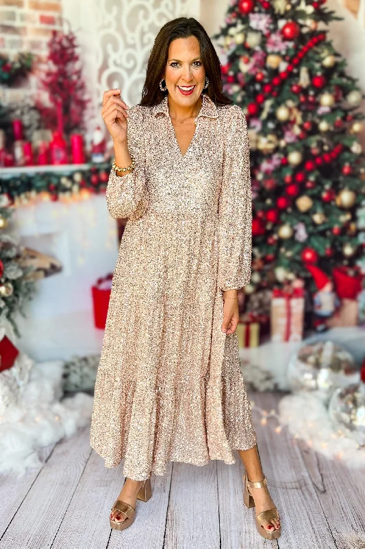 SSYS The Tinsley Long Sleeve Maxi Dress In Champagne Sequin Comfortable Long-Sleeve Maxi Dress
