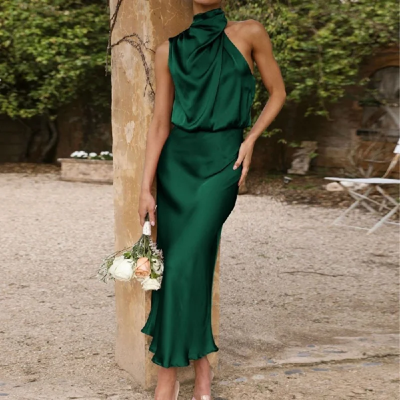 Stain high neck maxi dress Fashionable High-Low Maxi Dress