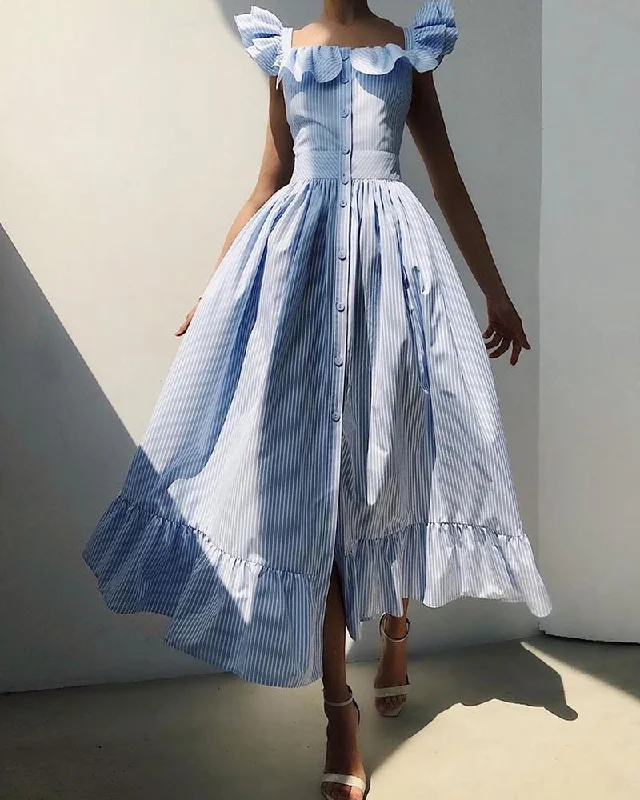 Striped Square Neck Flutter Sleeve Sweet Dress Women Ruffles Maxi Dress Comfortable Maxi Dress with Belt