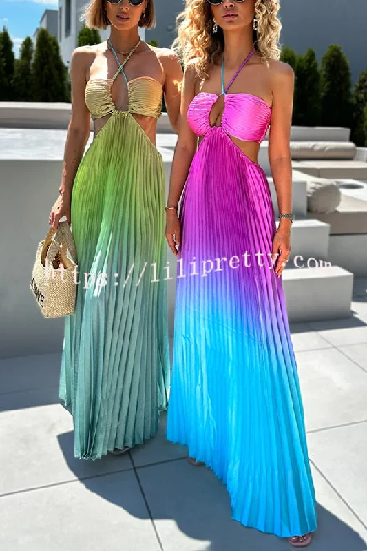 Get Ready Beautiful Gradient Print Cutout Halterneck Pleated Maxi Dress Trendy Ruffled Maxi Dress