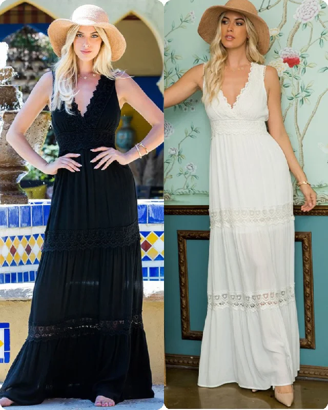 SURPLUS CROCHET LACE WOVEN MAXI DRESS -WHITE OR BLACK Comfortable Satin Maxi Dress