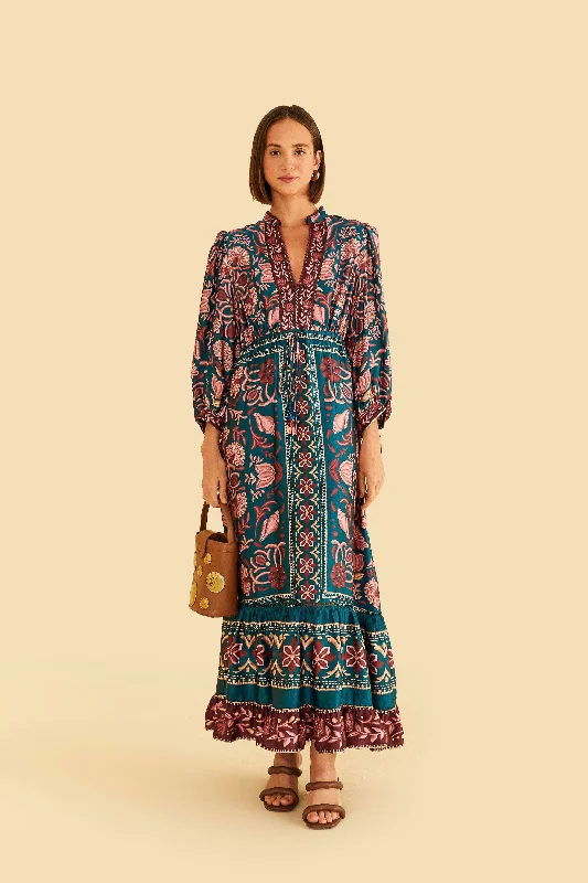 Teal Seashell Tapestry Lenzing™ Ecovero™ Viscose Maxi Dress Chic Off-Shoulder Maxi Dress