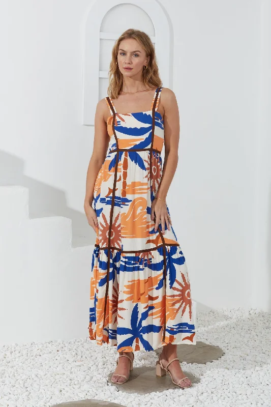 Tropicana Blue Orange Abstract Contrast Maxi Dress Fashionable Chiffon Tiered Maxi Dress