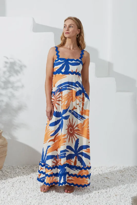 Tropicana Blue Orange Abstract Ric Rac Maxi Dress Chic Sleeveless Maxi Dress