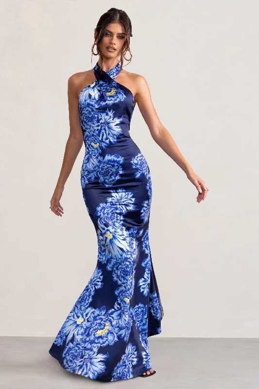 Unstoppable | Blue Floral Print Satin Cross Over Halter Neck Maxi Dress Chic Sleeveless Maxi Dress Unstoppable | Blue Floral Print Satin Cross Over Halter Neck Maxi Dress Chic Sleeveless Maxi Dress