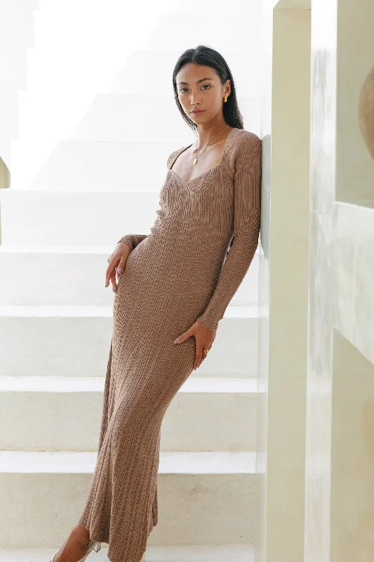Victoria Mocha Long Sleeve Knit Maxi Dress Fashionable Sheer Maxi Dress