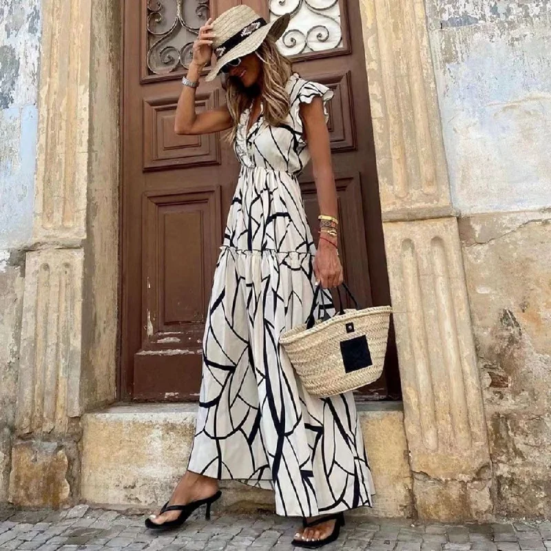 Vintage Short Sleeve Print Maxi Dress Stylish Off-Shoulder Maxi Dress