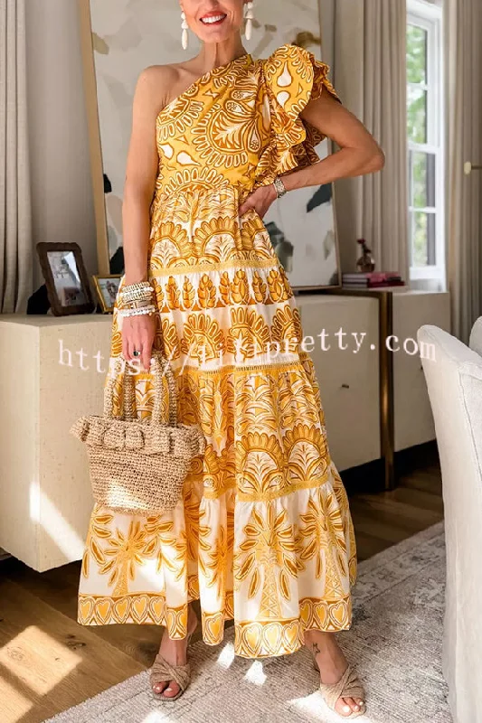 Exquisite Dream Unique Print One Shoulder Ruffle Sleeve Tiered Maxi Dress Elegant Velvet Maxi Dress