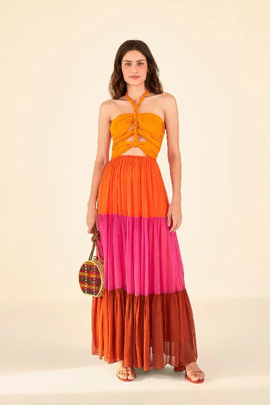 Warm Color Blocking Maxi Dress Elegant Maxi Dress with Slit
